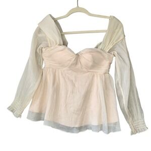 Tea n Cup NWT cream chiffon long sleeve blouse w smocked cuff‎ & backing. Size S